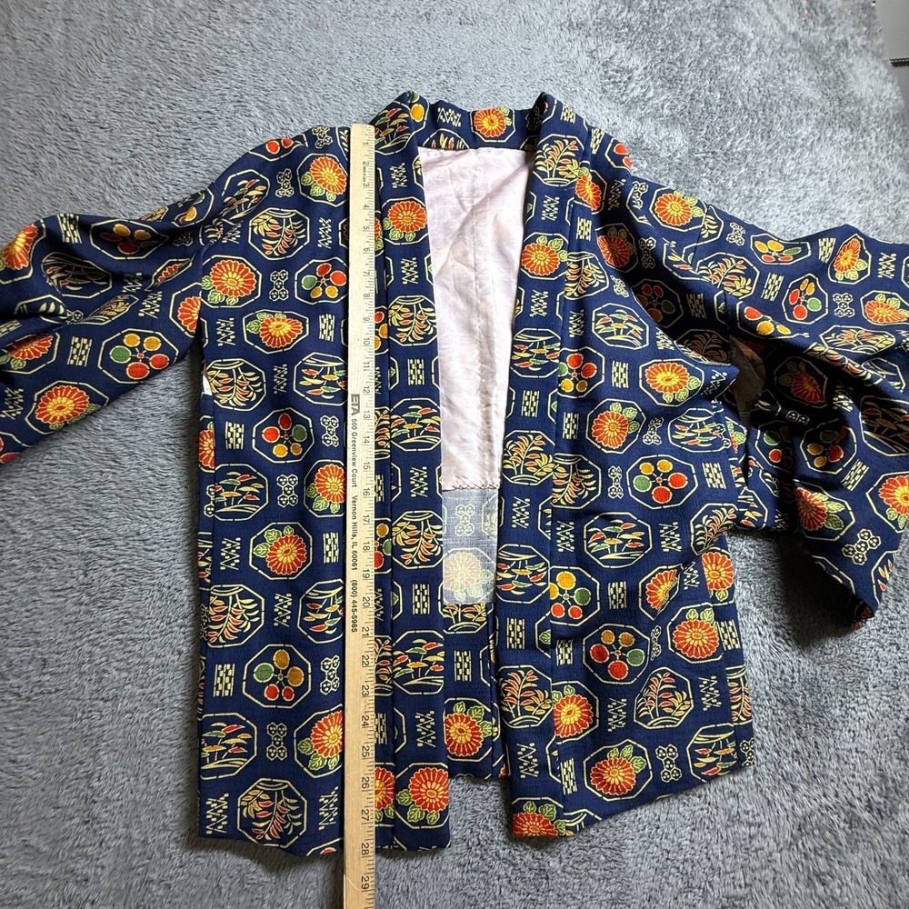 Vintage Japanese Haori Kimono Jacket Navy Blue Floral Medallion Pink Silk Lining - Picture 8 of 8